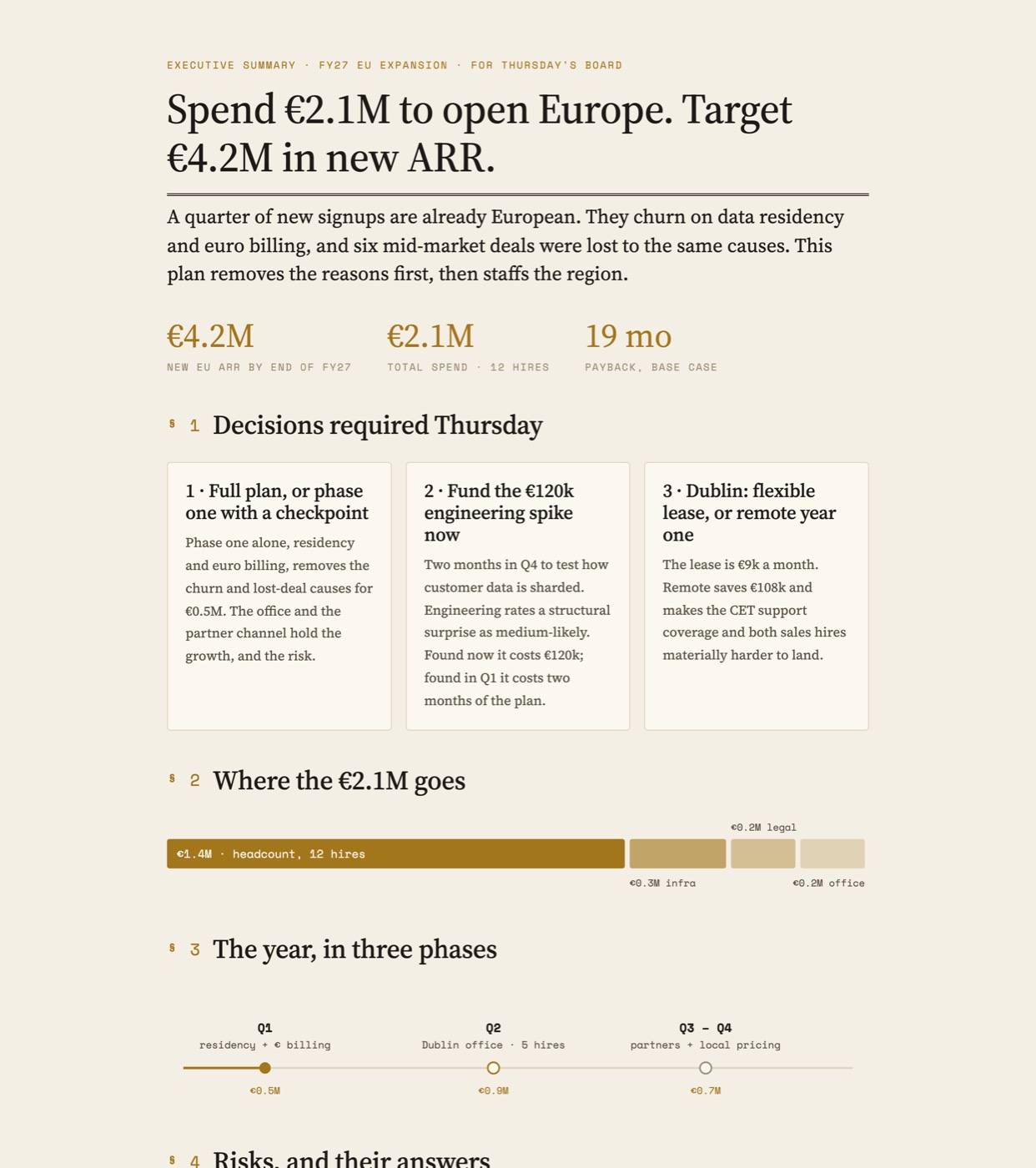The same plan as an executive summary page: spend and target set large, a spend breakdown bar, three decision cards