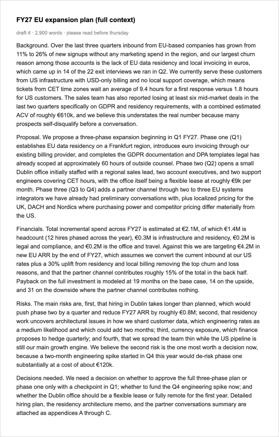 A 2,900-word expansion plan as a wall of plain text, with the decisions buried in the final paragraph