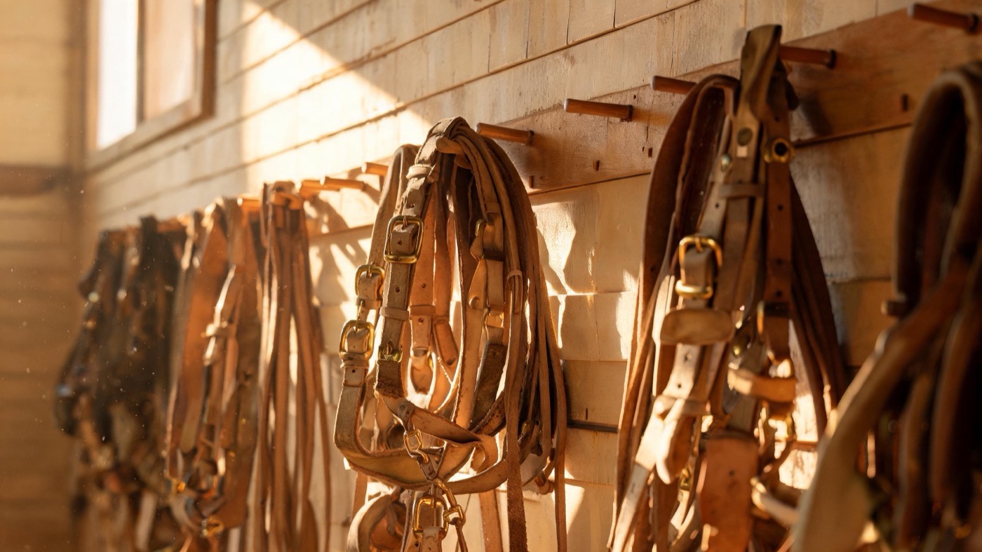 A wall of worn leather harness and tack hanging on wooden pegs in warm stable light
